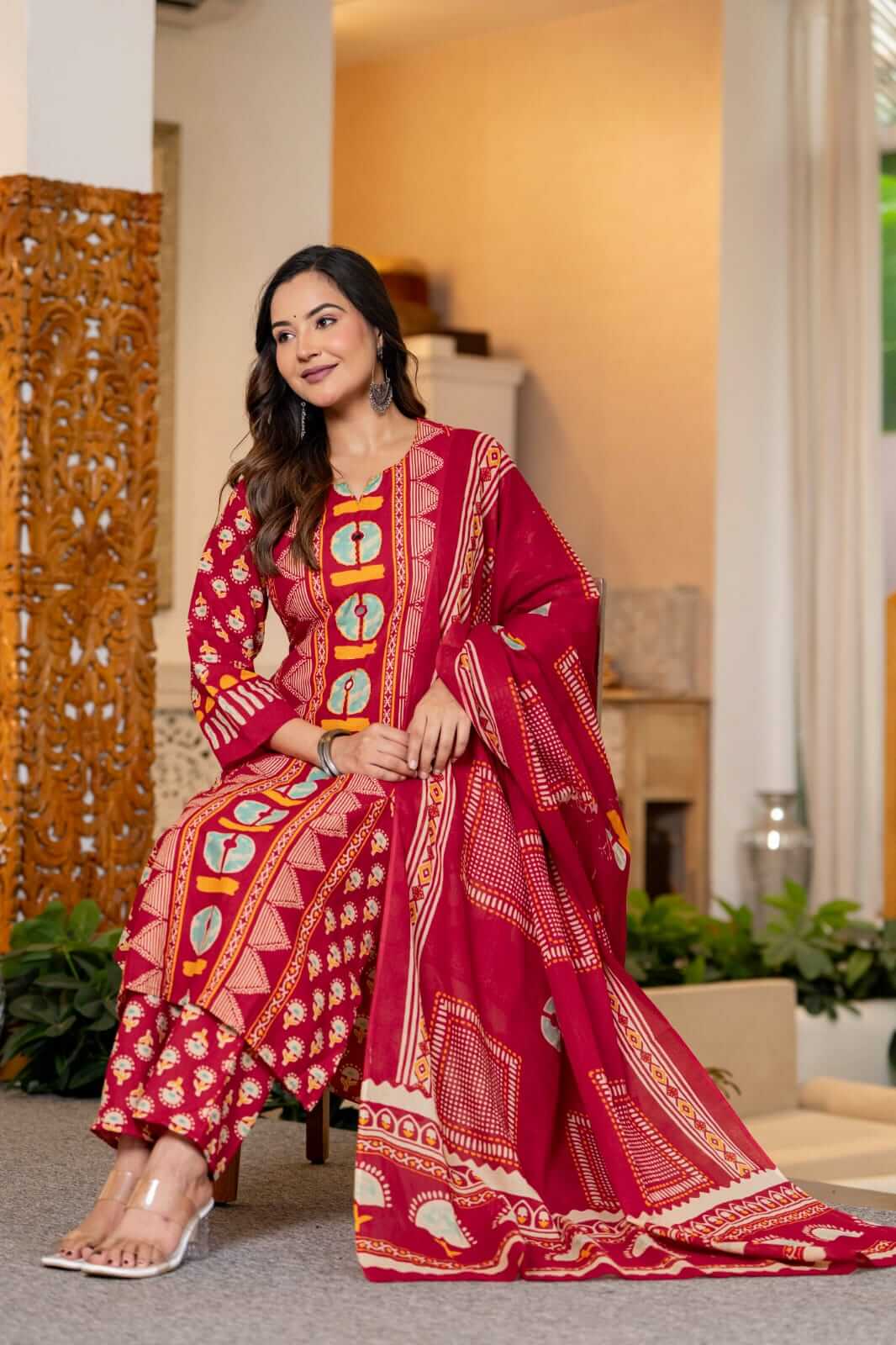 Magenta Bloom: Festive Block-Print Cotton Suit Set with Geometric Yoke & Dupatta