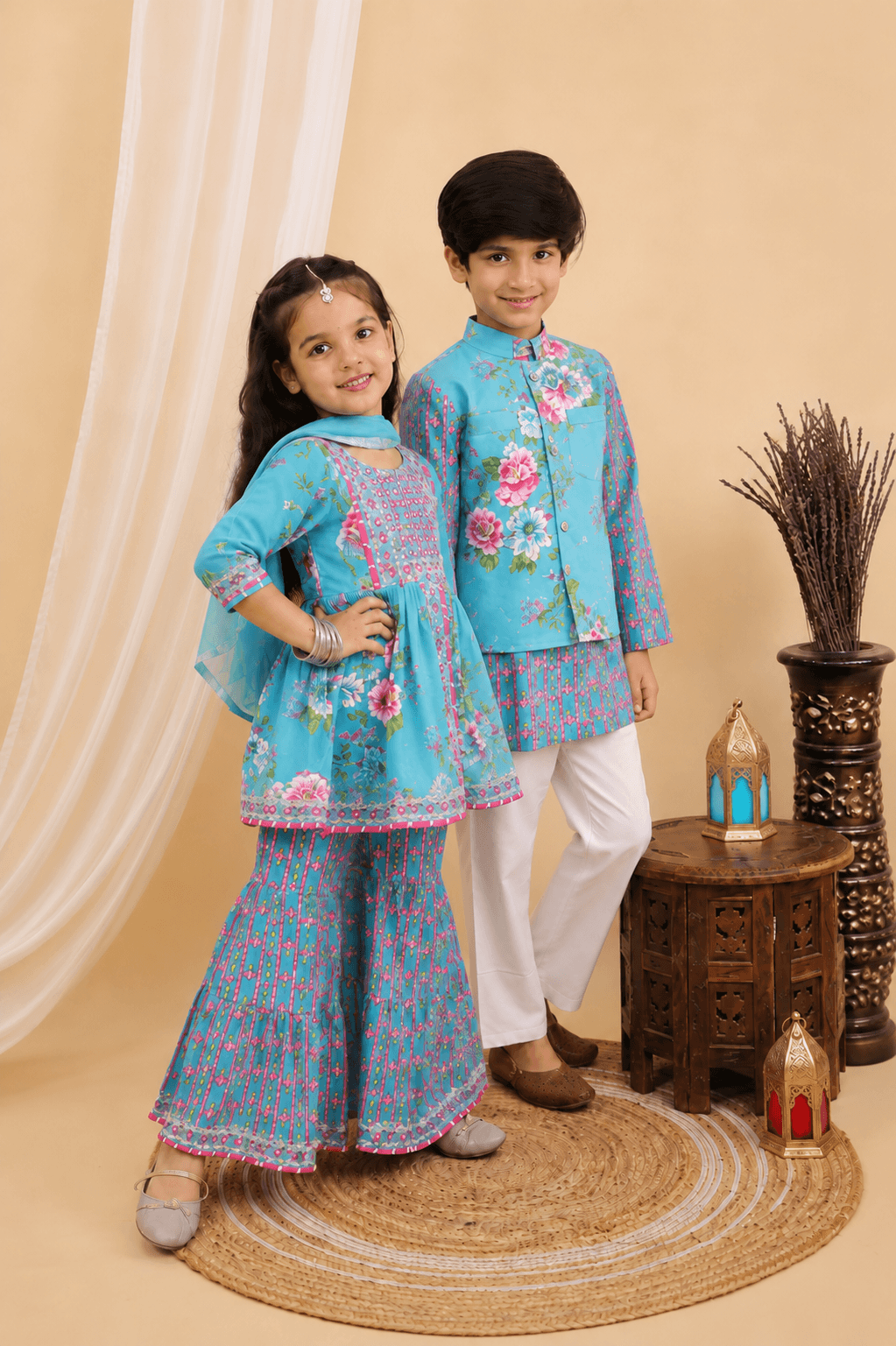 Baby Blue Jaipuri Sibling Set for Kids – Festive Ethnic Wear