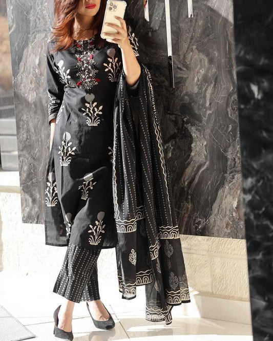 Black Printed Cotton Kurta Set with Yoke Thread Embroidery, Printed Pants & Dupatta