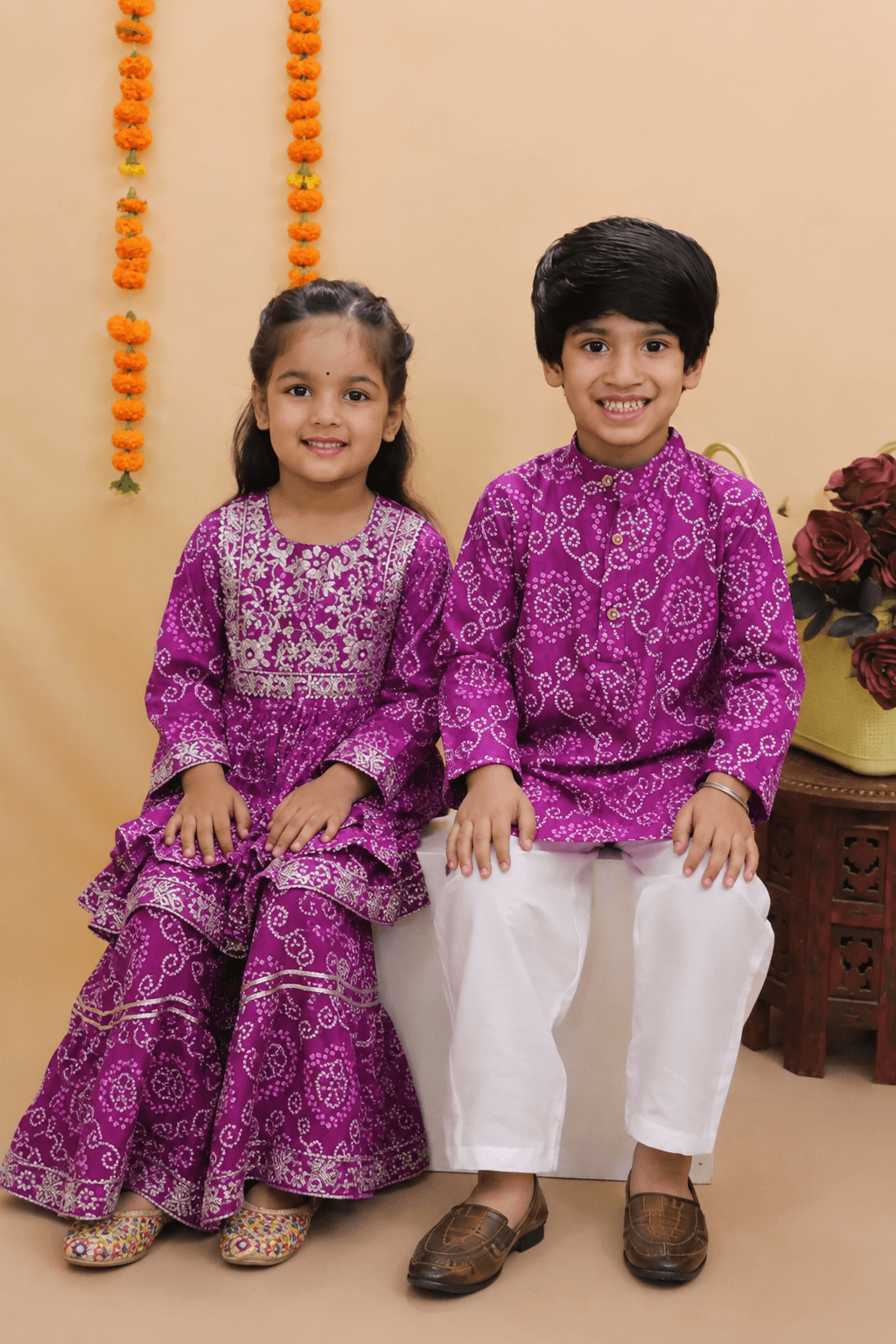 Purple Jaipuri Sibling Combo Set for Kids – Festive Ethnic Wear