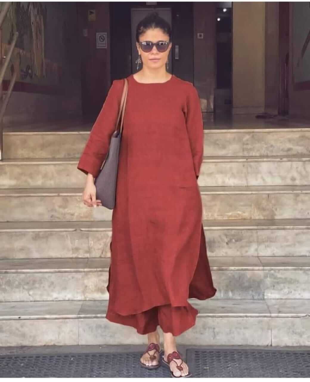Women's Solid Terracotta Cotton Linen Straight Kurta Palazzo Set – 2-Piece Minimalist Breathable Co-ord Set for Office and Daily Wear