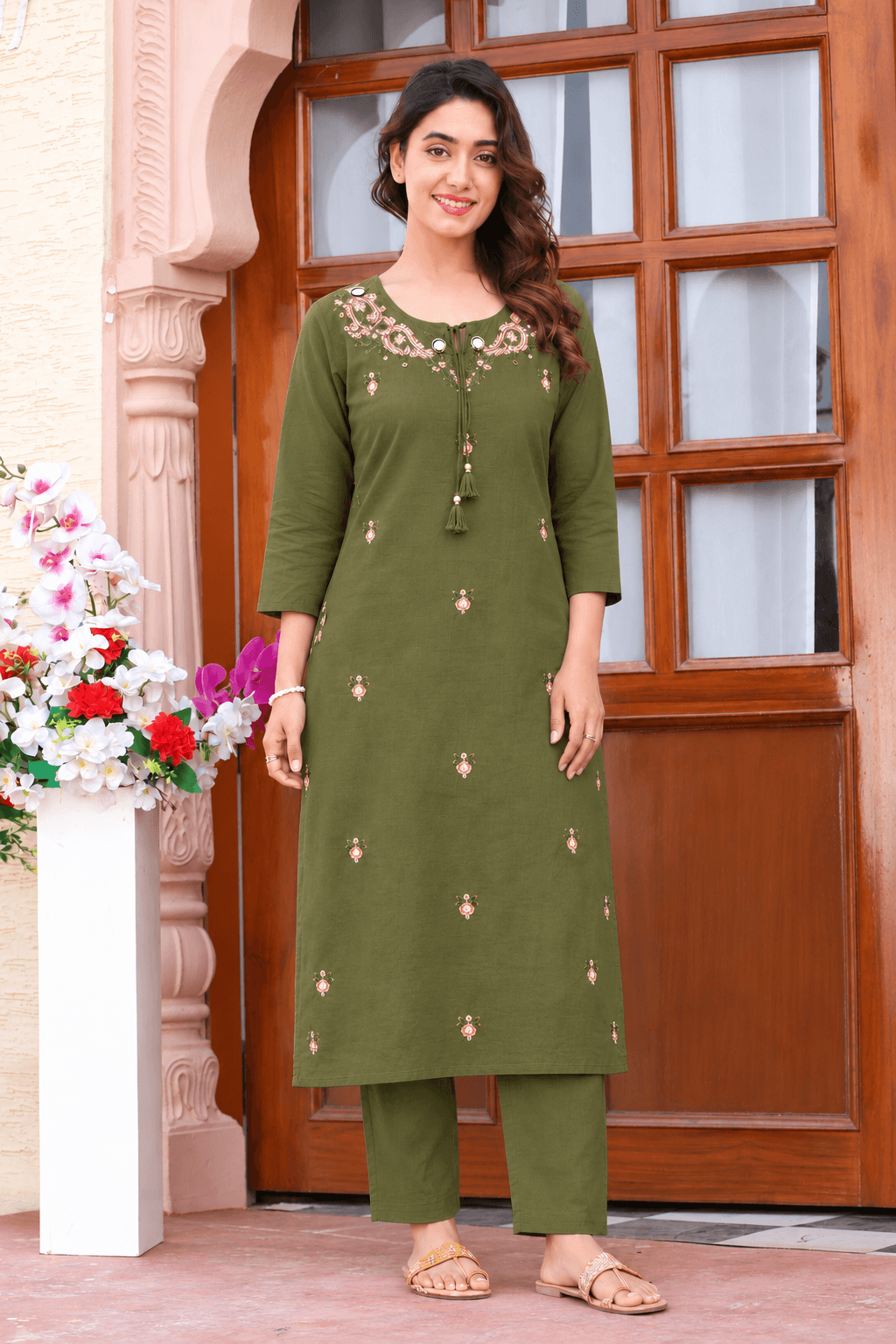 Women's Olive Green Pure Cotton Embroidered Kurta Pant Set – 3-Piece Mehendi Traditional Straight Suit Set with Mirror Work