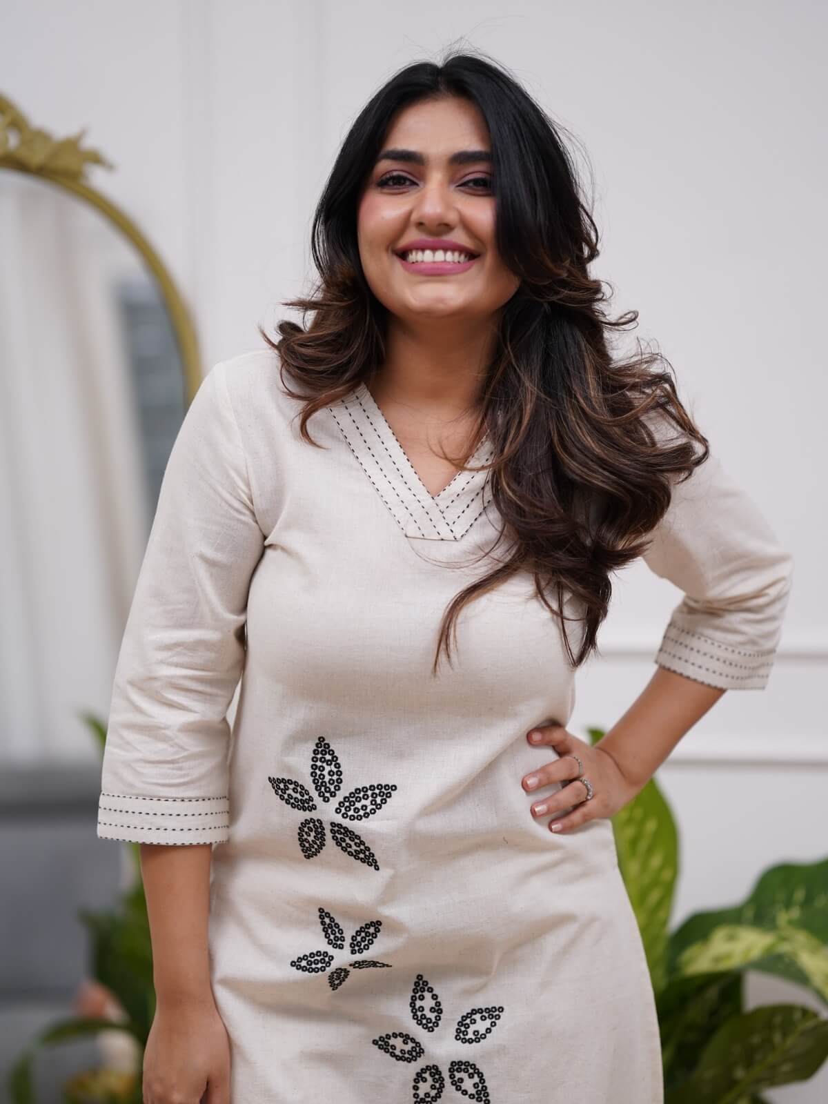 Off-White Cotton Straight Kurta Set with Black Floral Embroidery & Trousers