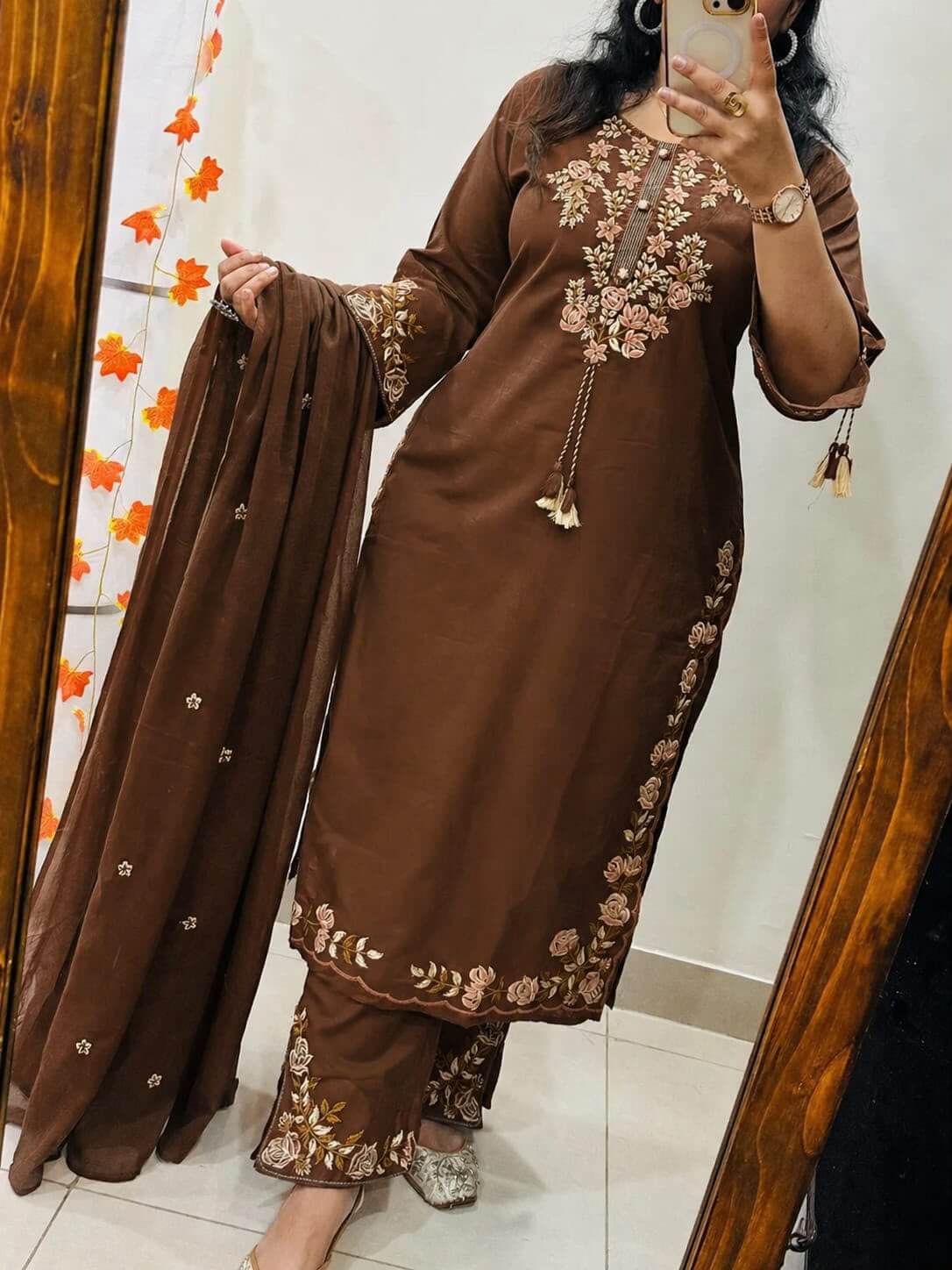 Chocolate Brown Floral Embroidered Straight Kurta Set with Pants & Dupatta