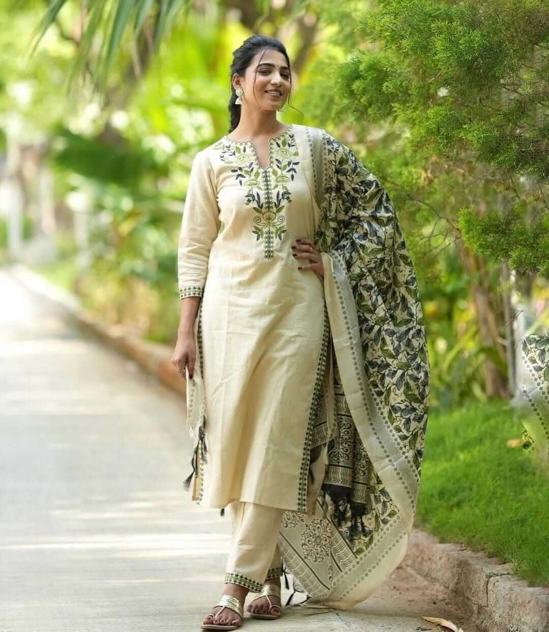 Off-White & Green Floral Embroidered Kurta Set with Printed Dupatta & Trousers