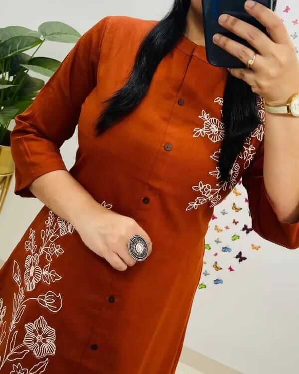 Rust Orange Floral Embroidered Straight Kurta with Trousers