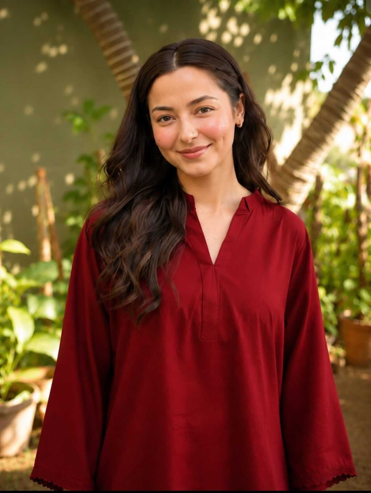 Deep Maroon Short Cotton Tunic Co-Ord Set with Ivory Heart Embroidered Wide-Leg Pants