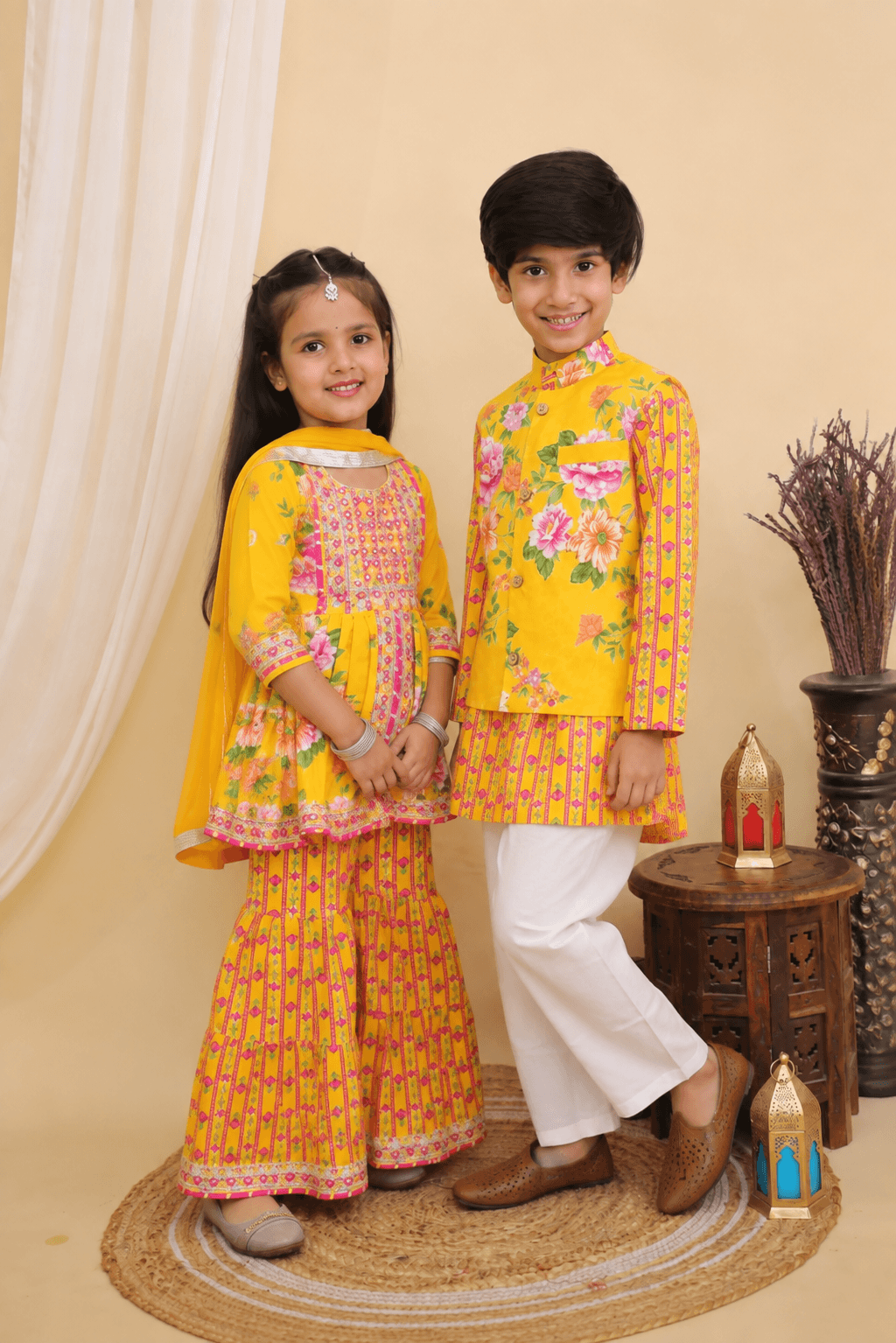 Bright Yellow Jaipuri Sibling Set for Kids – Festive Ethnic Wear