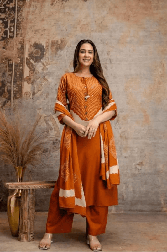 Women's Rust Orange Pure Cotton Chevron Print Kurta Pant Set with Dupatta – 3-Piece Traditional Paneled Straight Suit Set