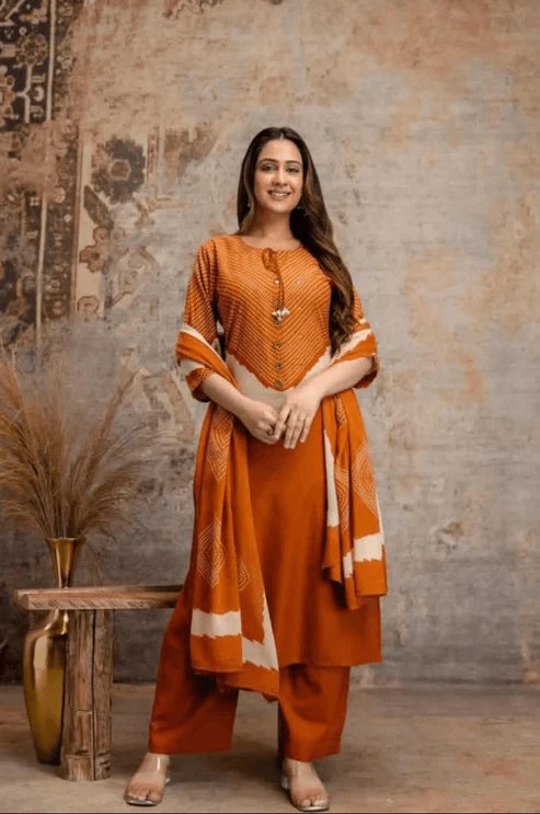Women's Rust Orange Pure Cotton Chevron Print Kurta Pant Set with Dupatta – 3-Piece Traditional Paneled Straight Suit Set