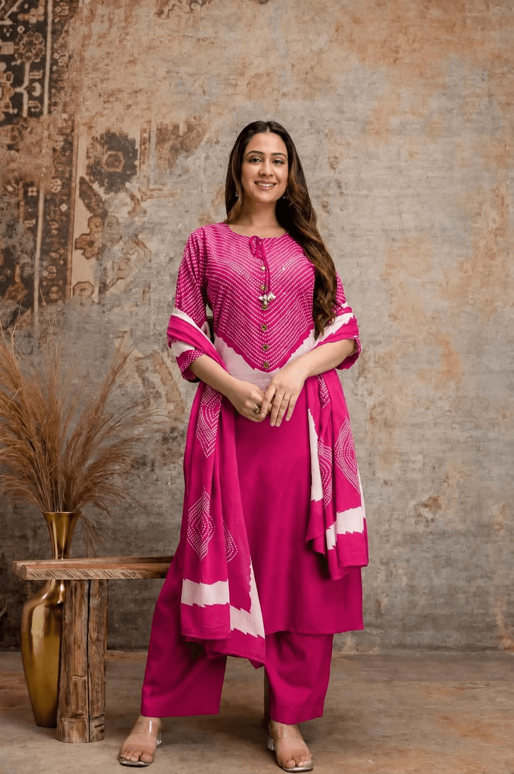 Women's Fuchsia Pink Pure Cotton Chevron Print Kurta Pant Set with Dupatta – 3-Piece Traditional Paneled Straight Suit Set