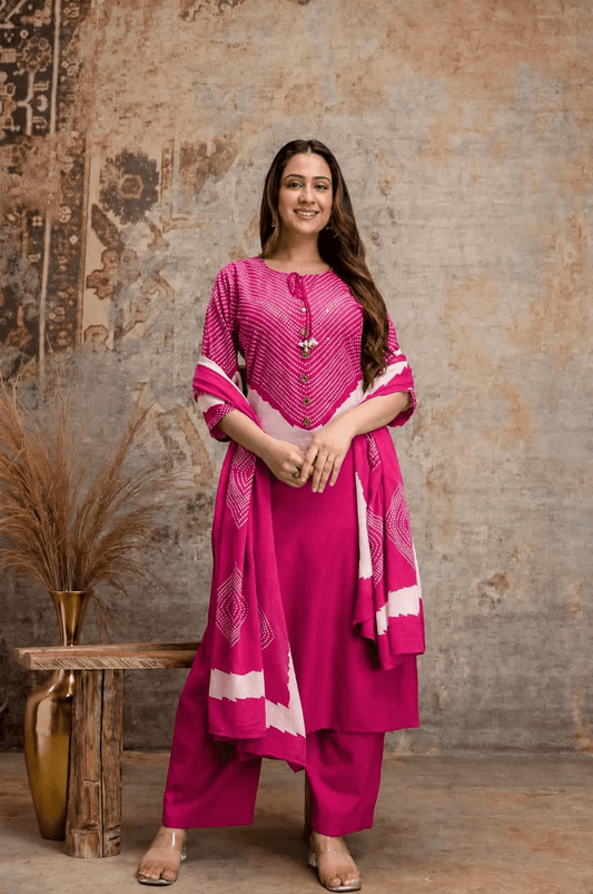 Women's Fuchsia Pink Pure Cotton Chevron Print Kurta Pant Set with Dupatta – 3-Piece Traditional Paneled Straight Suit Set