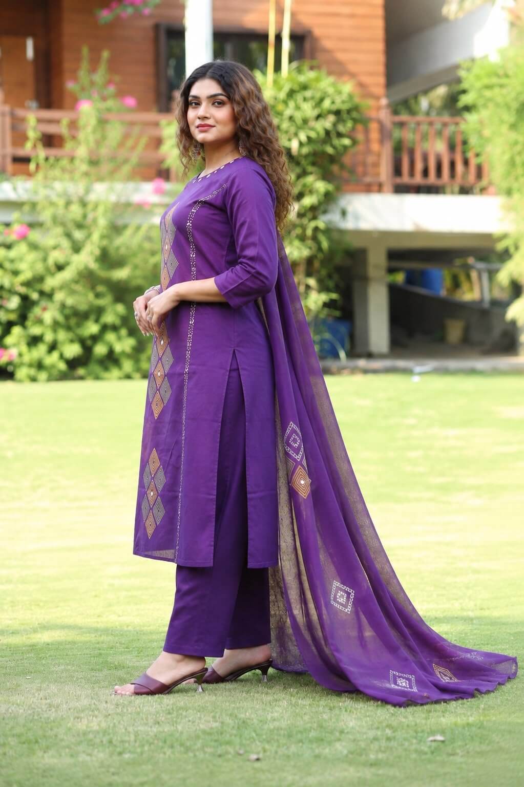 Royal Purple Straight Kurta Set with Geometric Thread Embroidery, Trousers & Dupatta