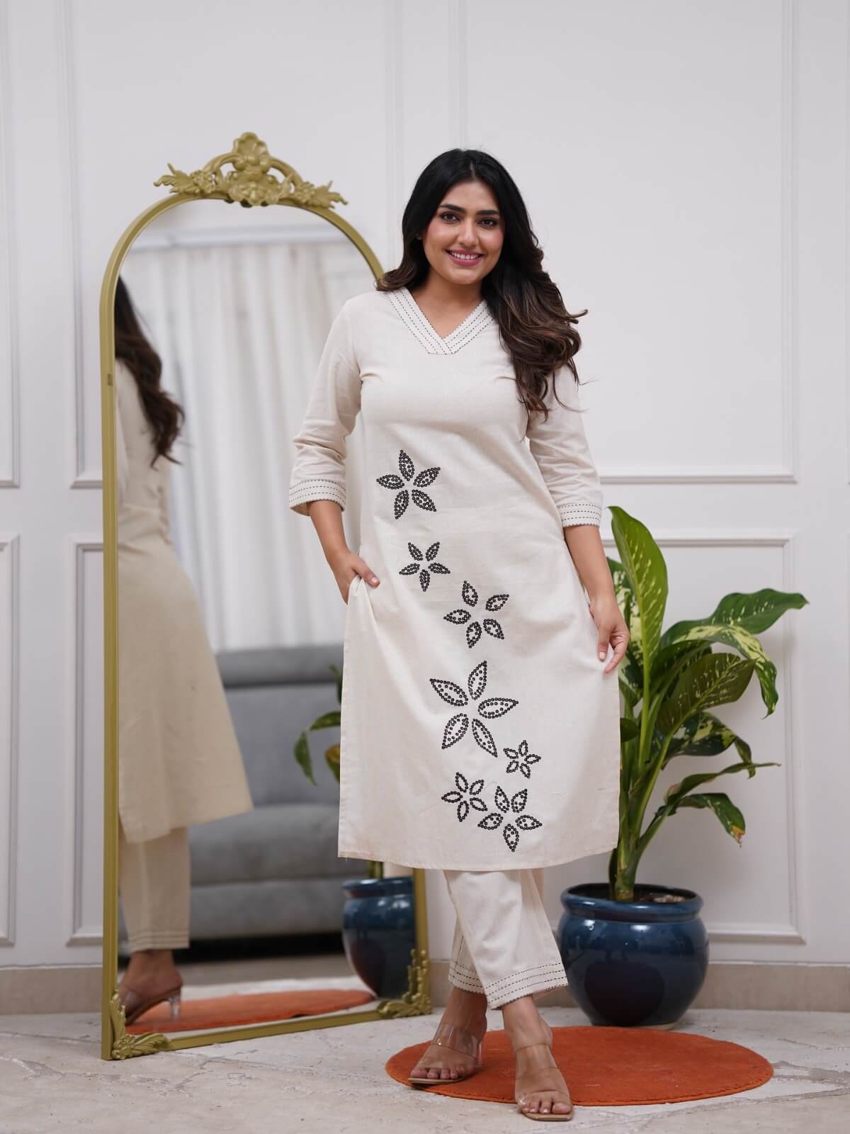 Off-White Cotton Straight Kurta Set with Black Floral Embroidery & Trousers