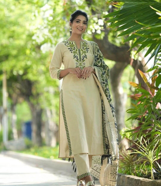 Off-White & Green Floral Embroidered Kurta Set with Printed Dupatta & Trousers
