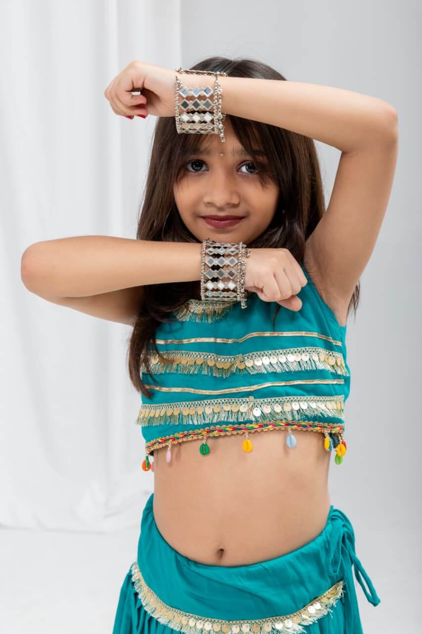 Girls Navratri Special Teal Blue Cotton Lehenga Choli Set with Coin Fringe & Kamarbelt