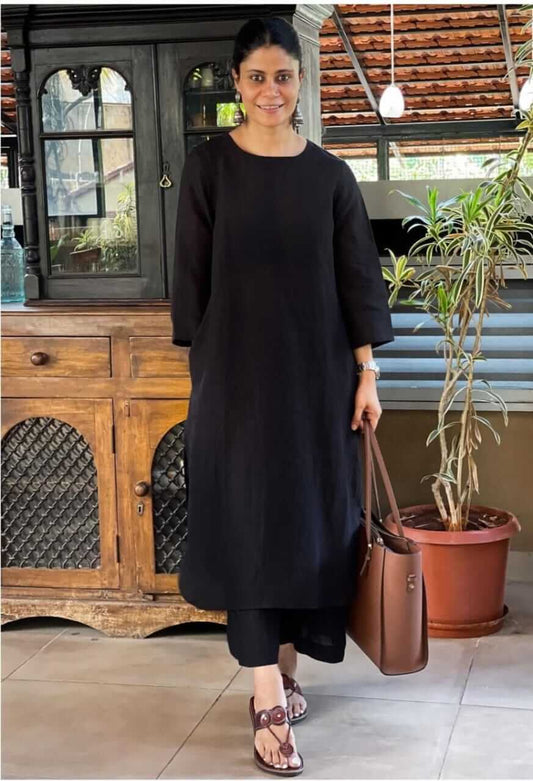 Women's Solid Black Cotton Linen Straight Kurta Pant Set – 2-Piece Minimalist Breathable Co-ord Set for Office and Daily Wear