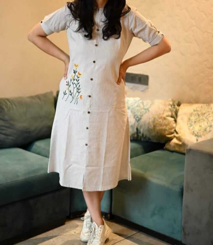 Women's Off-White Khadi Cotton Embroidered A-Line Kurti Dress – Handloom Button-Down Knee Length Indo-Western Midi Dress with Pocket