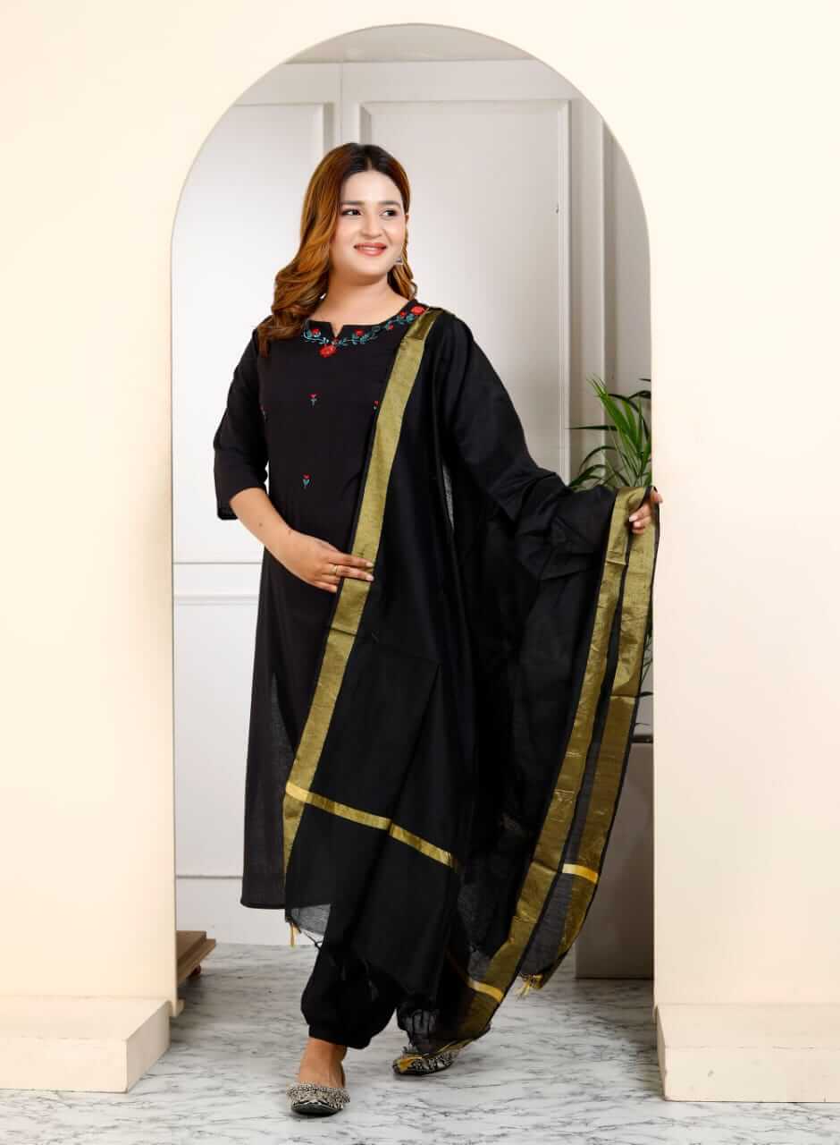 Women's Jet Black Pure Cotton Embroidered Kurta Afghani Salwar Set with Dupatta – 3-Piece Traditional Ethnic Suit Set with Gold Zari Border