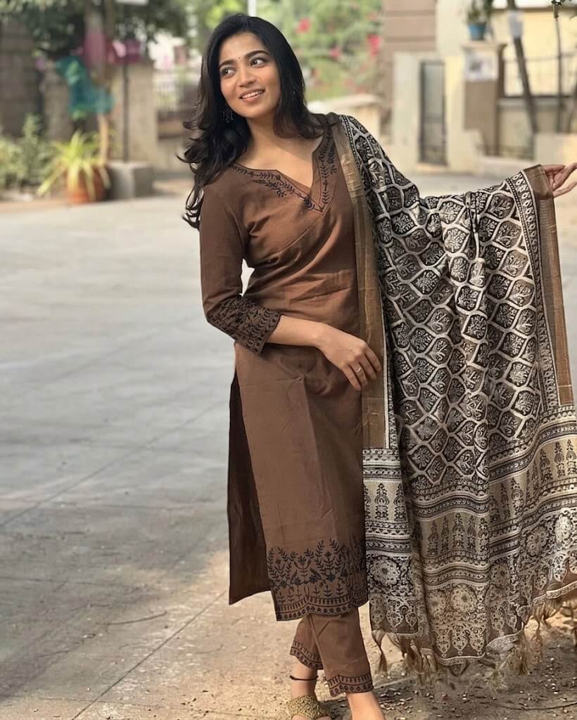 Chestnut Brown Cotton Block Printed Straight Kurta Set with Dupatta