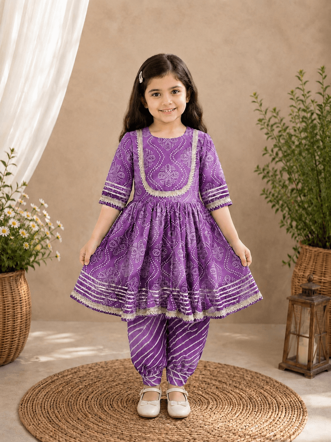 Girls Purple Bandhani Print Flared Kurti Dhoti Set | Kids Gota Patti Traditional Anarkali Salwar Kameez Suit