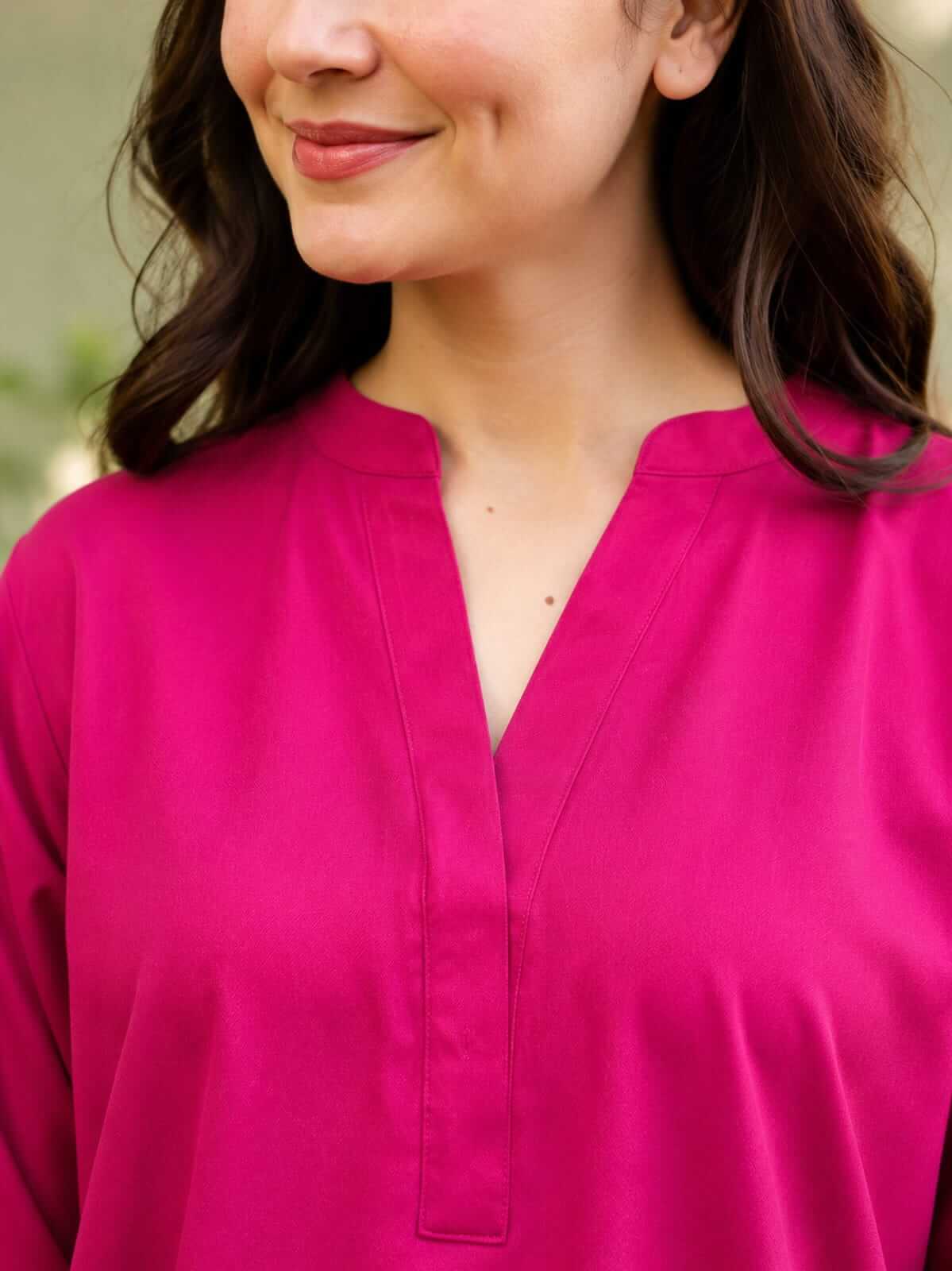 Hot Pink Short Cotton Tunic Co-Ord Set with Ivory Heart Embroidered Wide-Leg Pants