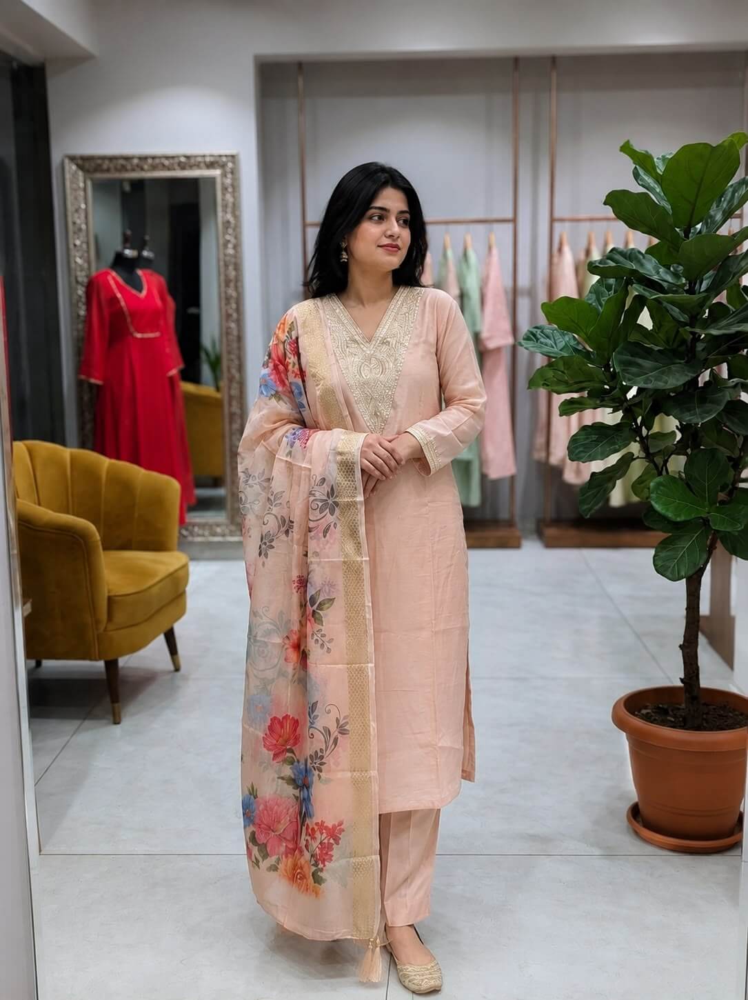 Peach Silk Chanderi Kurta Set with Zari Embroidered V-Neck & Floral Organza Dupatta