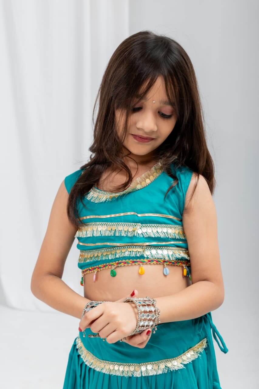 Girls Navratri Special Teal Blue Cotton Lehenga Choli Set with Coin Fringe & Kamarbelt