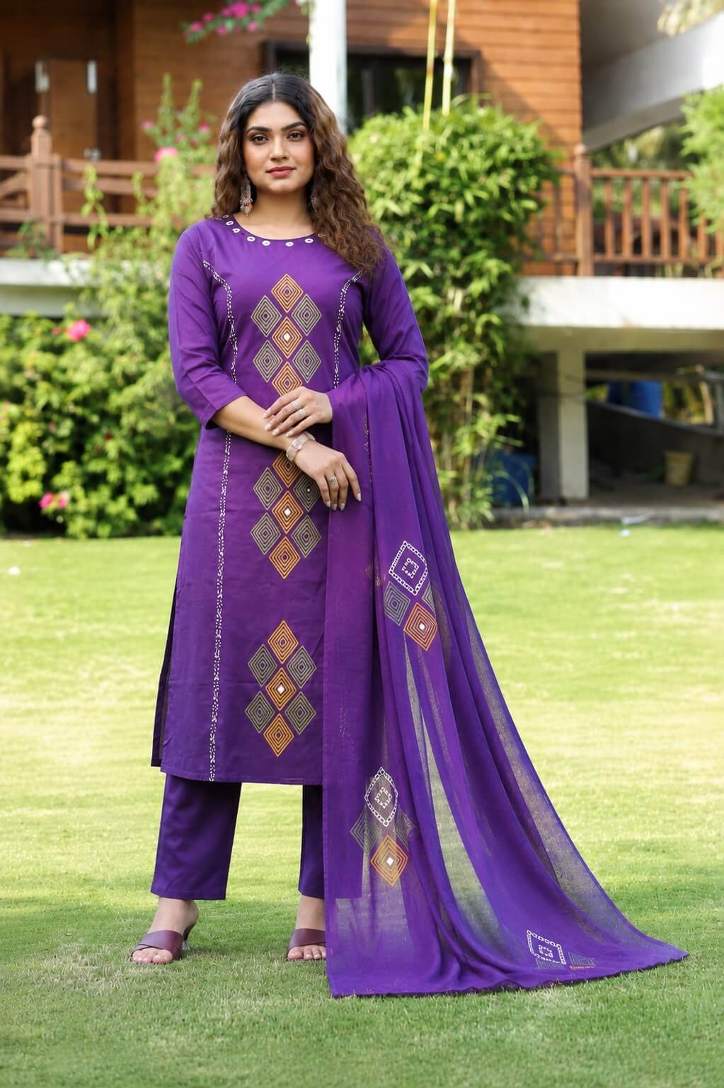 Royal Purple Straight Kurta Set with Geometric Thread Embroidery, Trousers & Dupatta
