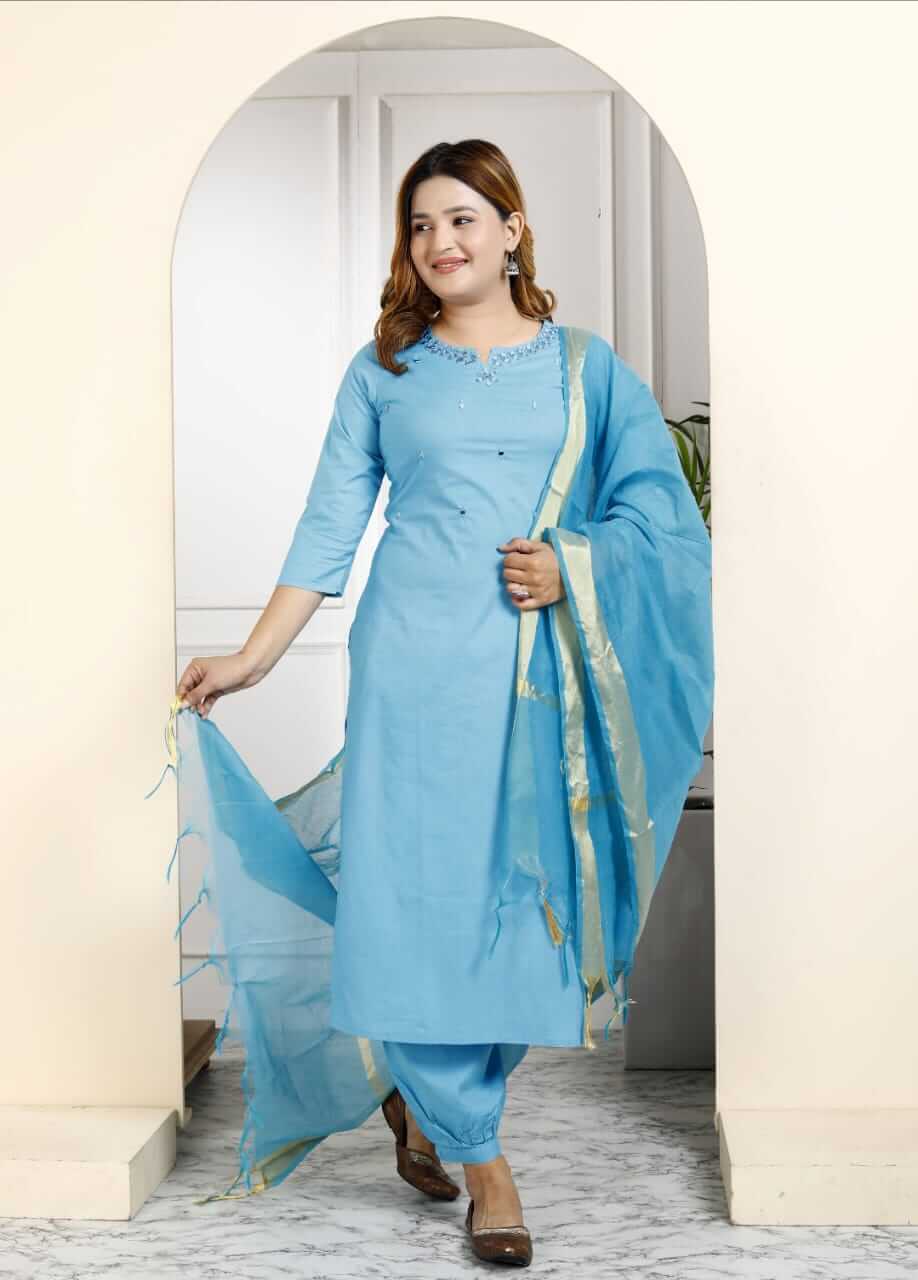 Women's Sky Blue Pure Cotton Embroidered Kurta Afghani Salwar Set with Dupatta – 3-Piece Traditional Ethnic Suit Set with Gold Zari Border