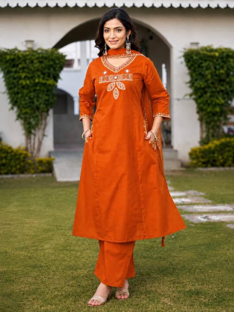 Women's Rust Orange Embroidered A-Line Kurta Pant Set with Dupatta – 3-Piece Cotton Blend Flared Suit Set with Pockets