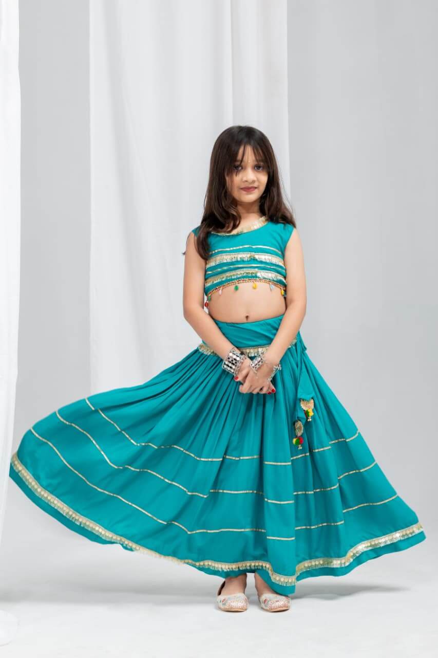 Girls Navratri Special Teal Blue Cotton Lehenga Choli Set with Coin Fringe & Kamarbelt