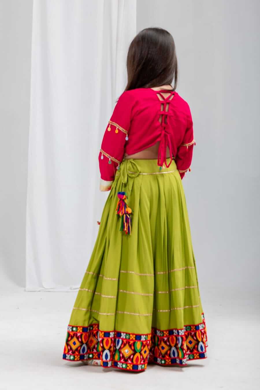 Girls Navratri Special Pink & Olive Green Cotton Lehenga Choli Set with Mirror Work