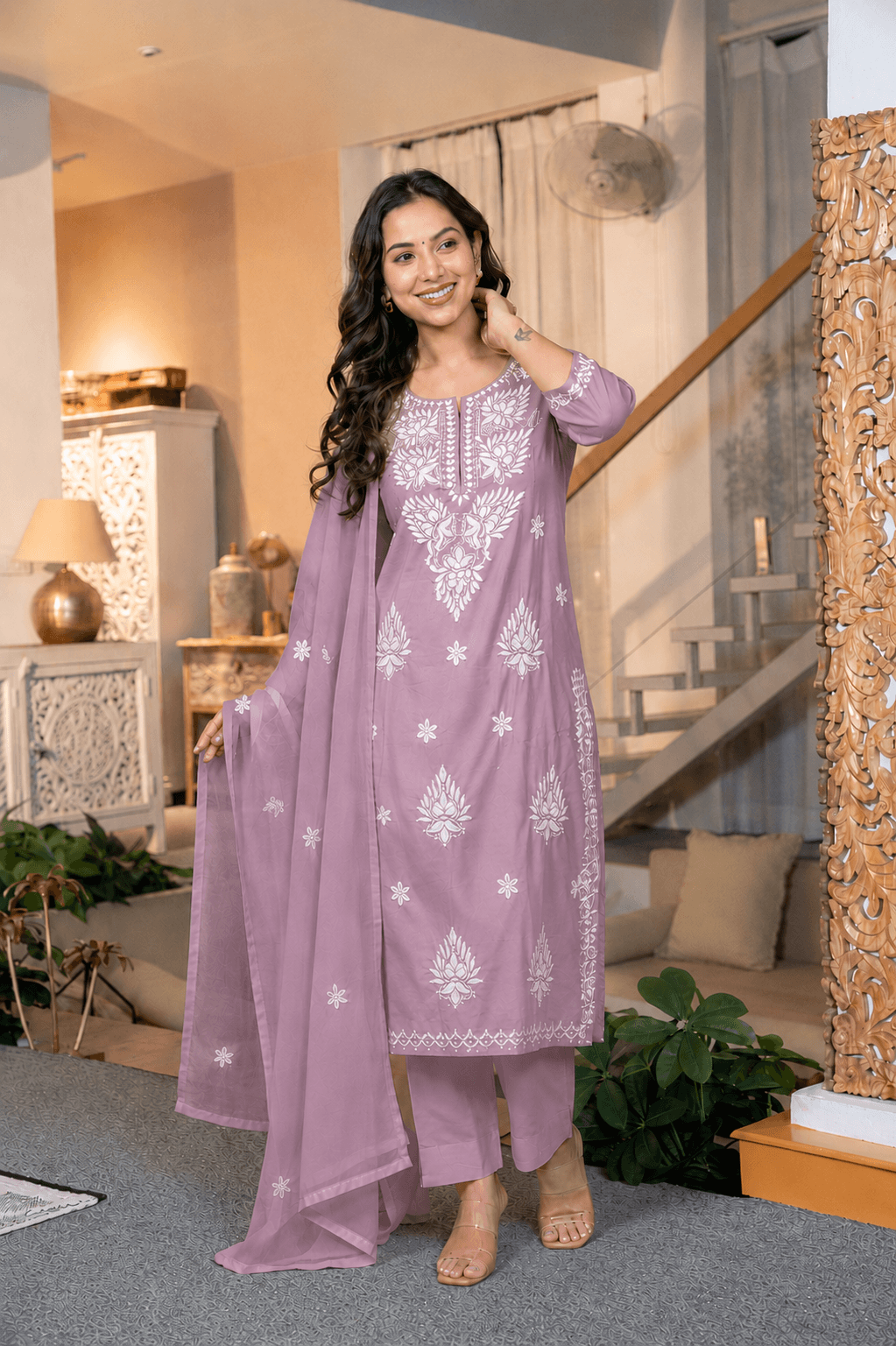Women's Lavender Pure Cotton Embroidered Chikankari Kurta Pant Set with Dupatta – 3-Piece Lilac Traditional Straight Suit Set