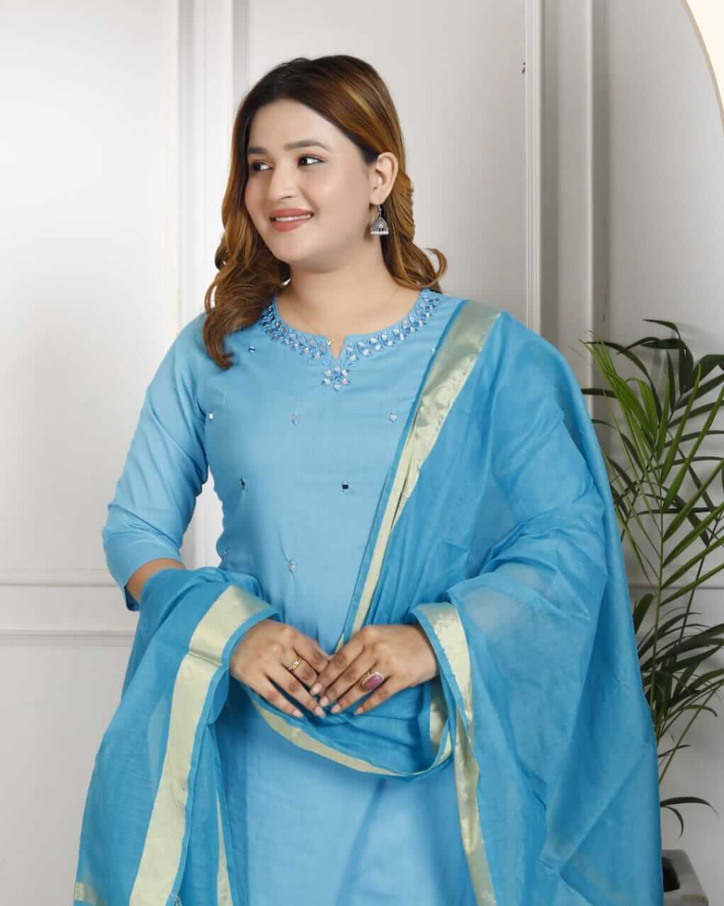 Women's Sky Blue Pure Cotton Embroidered Kurta Afghani Salwar Set with Dupatta – 3-Piece Traditional Ethnic Suit Set with Gold Zari Border