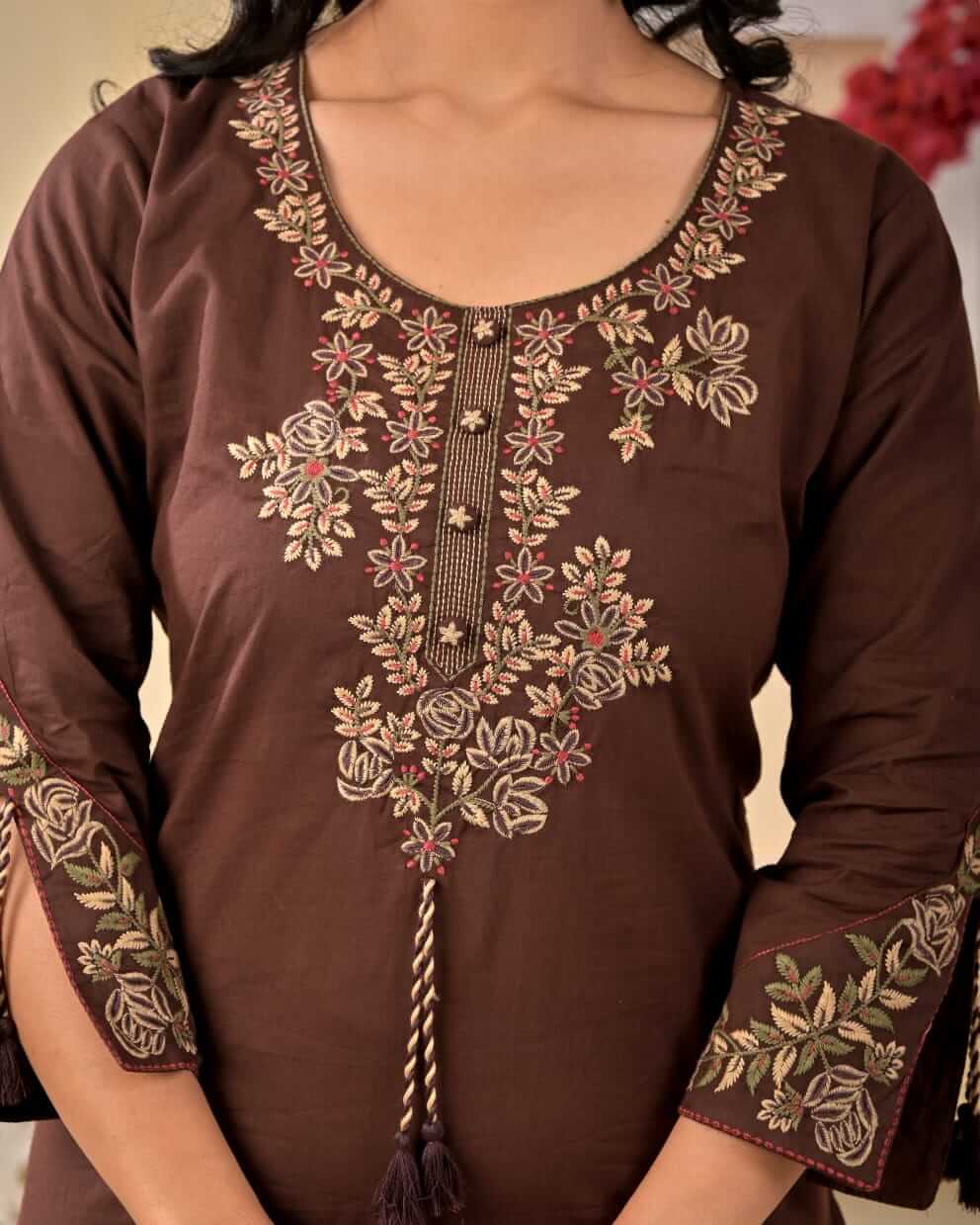 Chocolate Brown Floral Embroidered Straight Kurta Set with Pants & Dupatta
