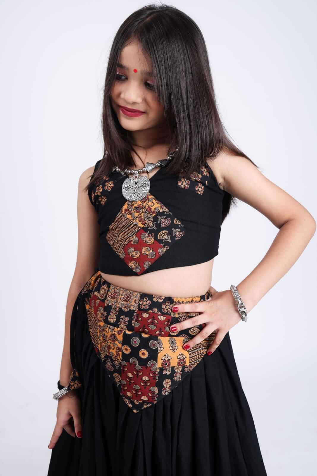 Girls Navratri Special Black Cotton Lehenga Choli Set with Traditional Print Yoke