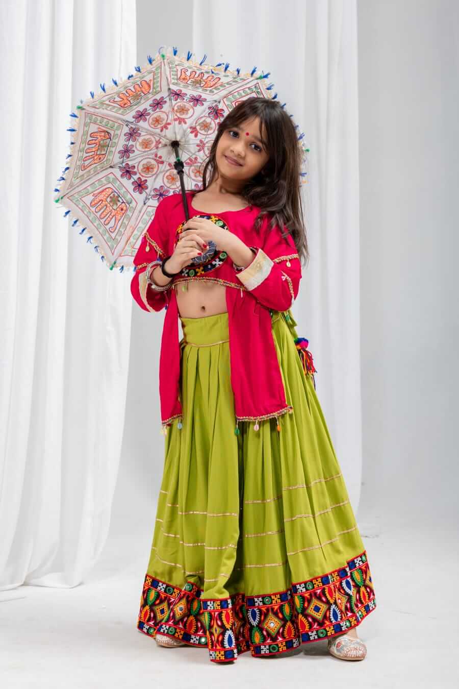 Girls Navratri Special Pink & Olive Green Cotton Lehenga Choli Set with Mirror Work