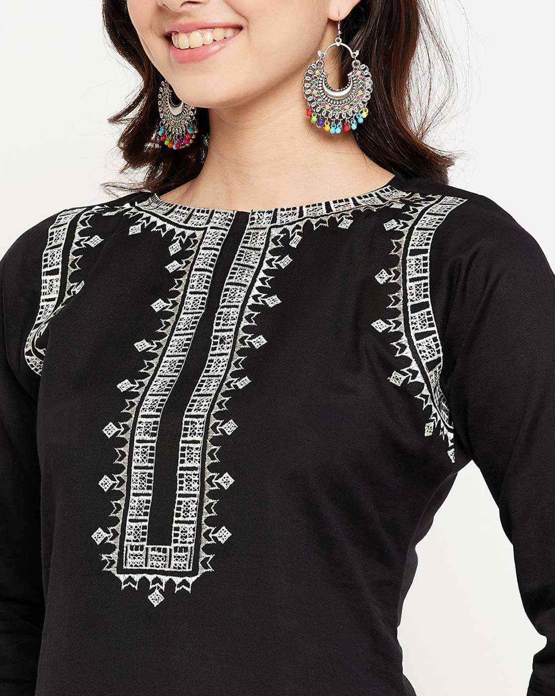Black & Off-White Geometric Thread Embroidered Kurta Set with Scalloped Pants