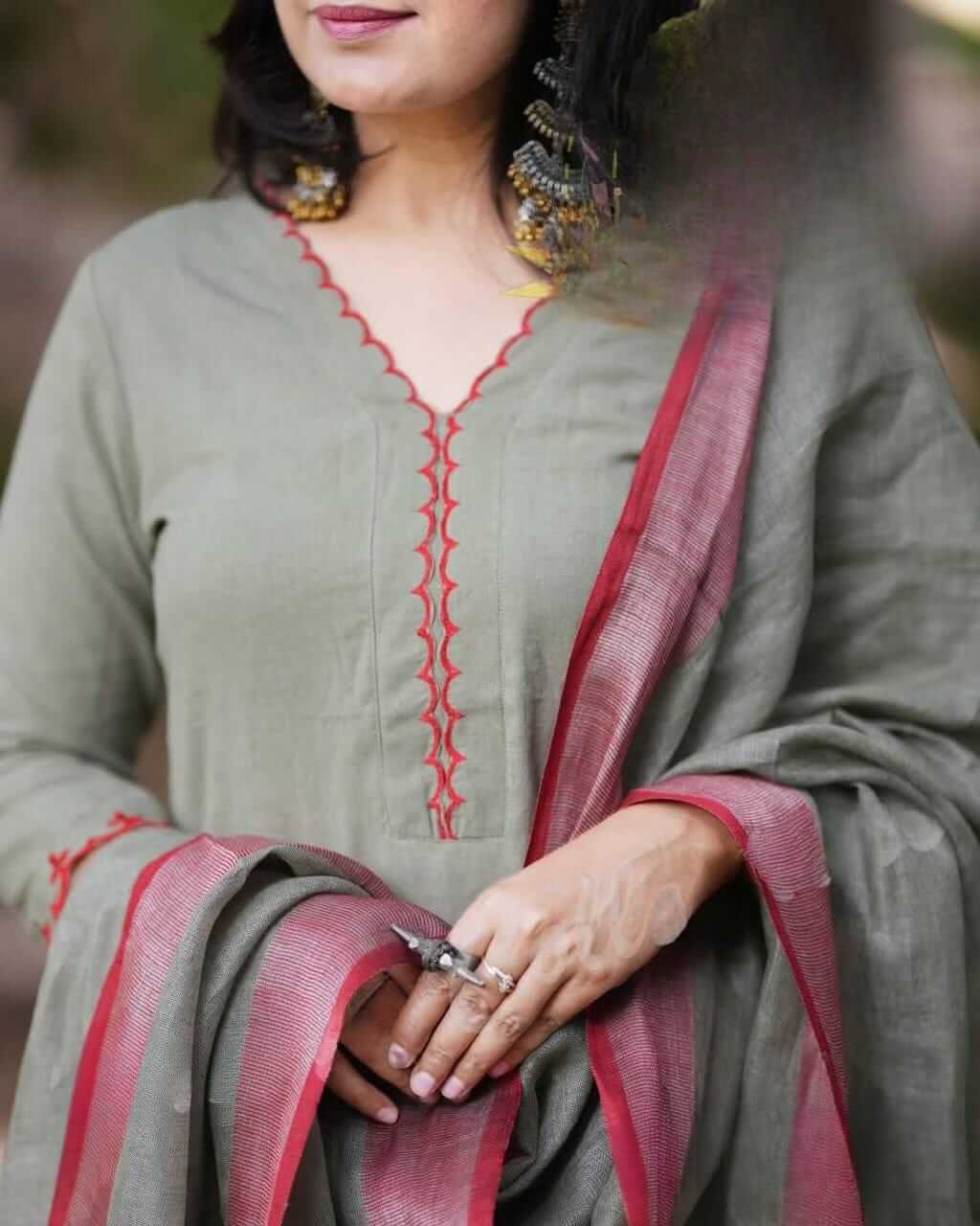 Sage Green Chanderi Silk Kurta Set with Scalloped Pants & Maroon Embroidered Dupatta