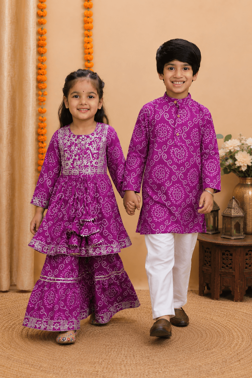 Purple Jaipuri Sibling Combo Set for Kids – Festive Ethnic Wear