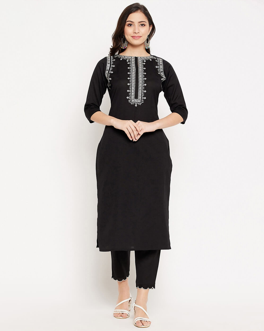Black & Off-White Geometric Thread Embroidered Kurta Set with Scalloped Pants