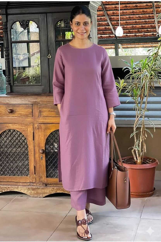 Women's Solid Mauve Cotton Linen Straight Kurta Pant Set – 2-Piece Minimalist Breathable Co-ord Set for Office and Daily Wear