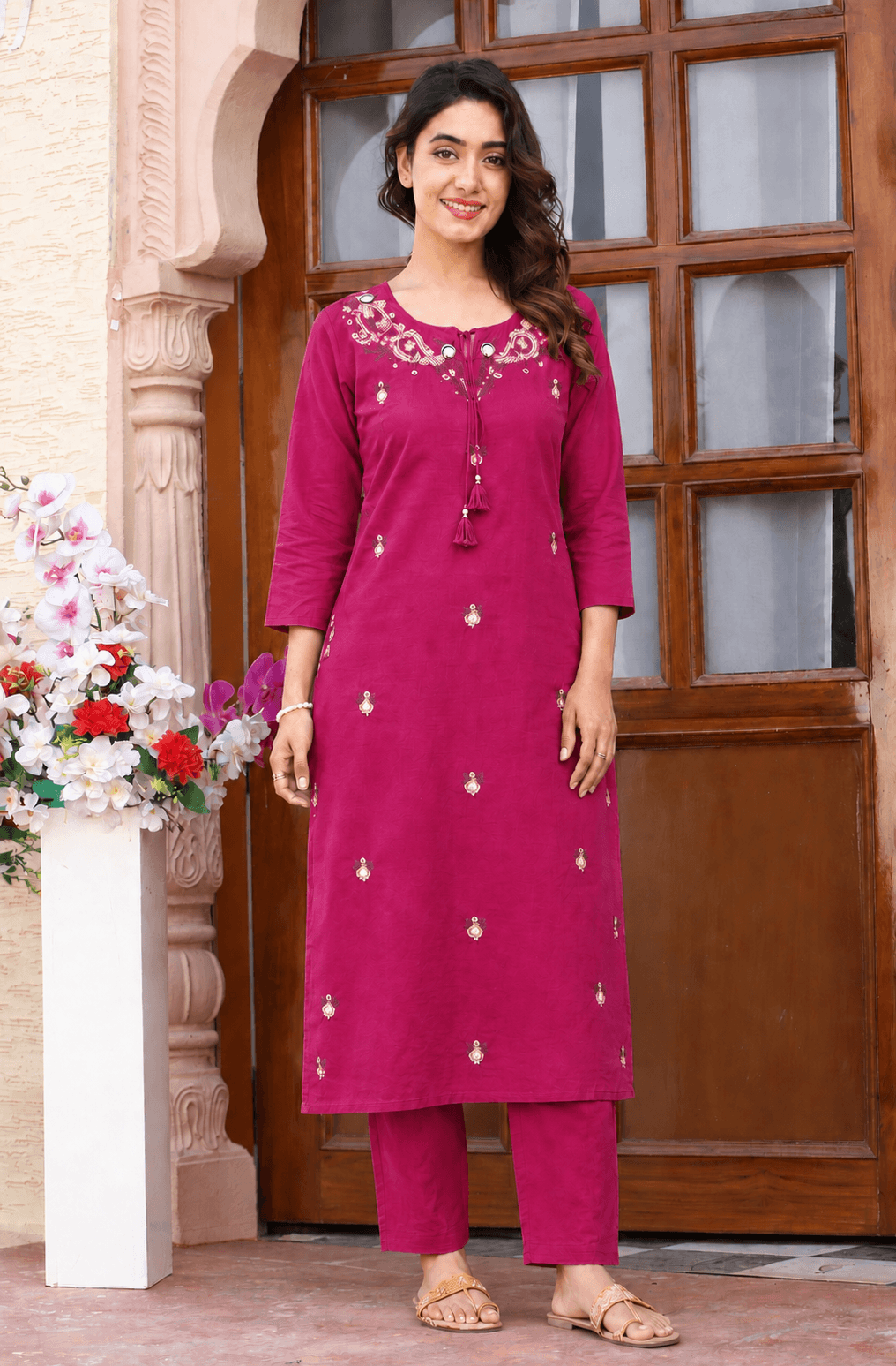 Women's Magenta Pink Pure Cotton Embroidered Kurta Pant Set – 3-Piece Rani Pink Traditional Straight Suit Set with Mirror Work