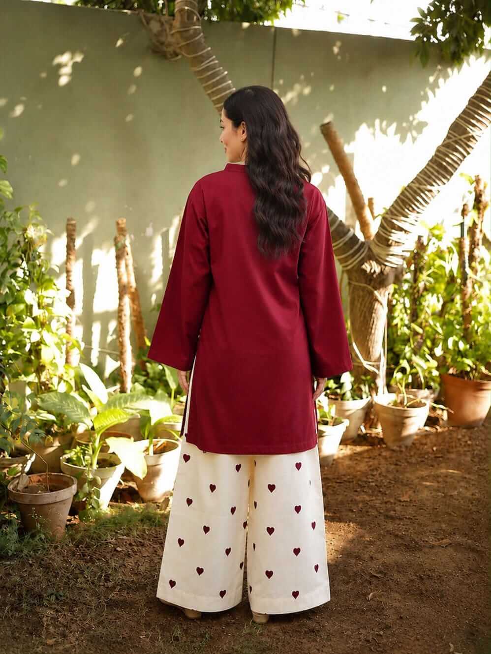 Deep Maroon Short Cotton Tunic Co-Ord Set with Ivory Heart Embroidered Wide-Leg Pants