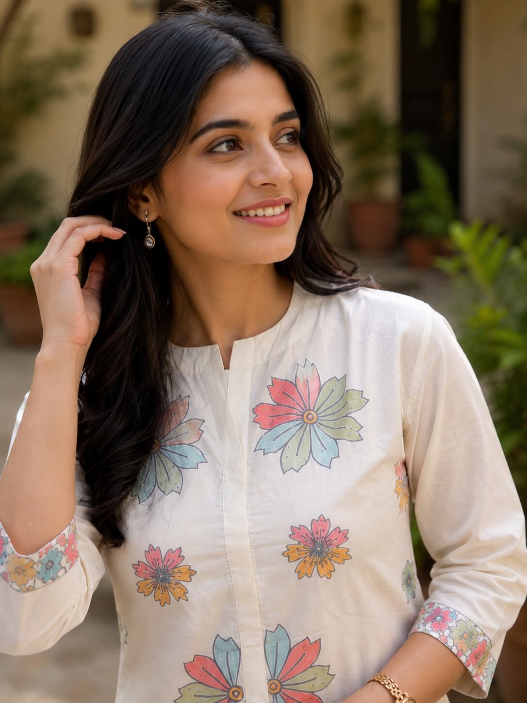 Off-White Cotton Short Kurta Co-Ord Set with Pastel Floral Motifs & Striped Pants