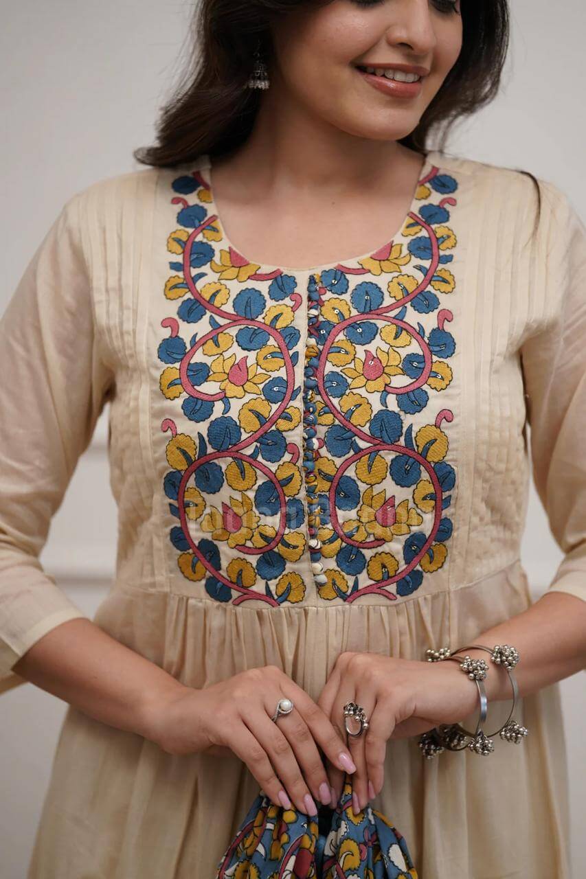 Off-White Cotton Gathered Anarkali Kurta Set with Embroidered Yoke & Printed Dupatta