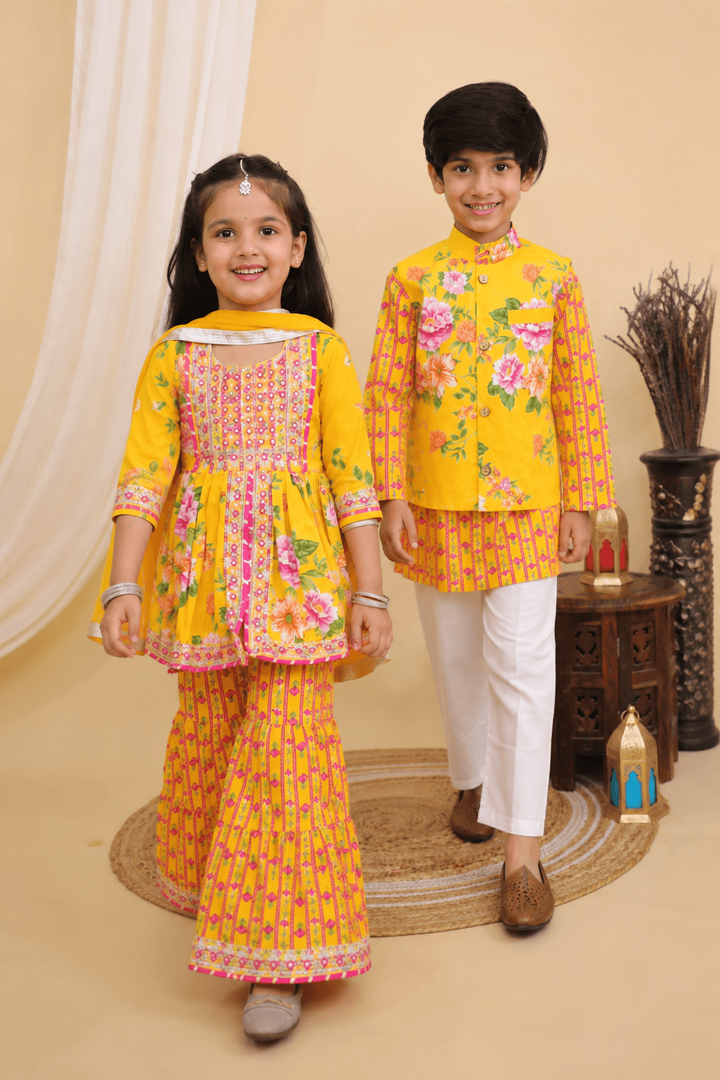 Bright Yellow Jaipuri Sibling Set for Kids – Festive Ethnic Wear