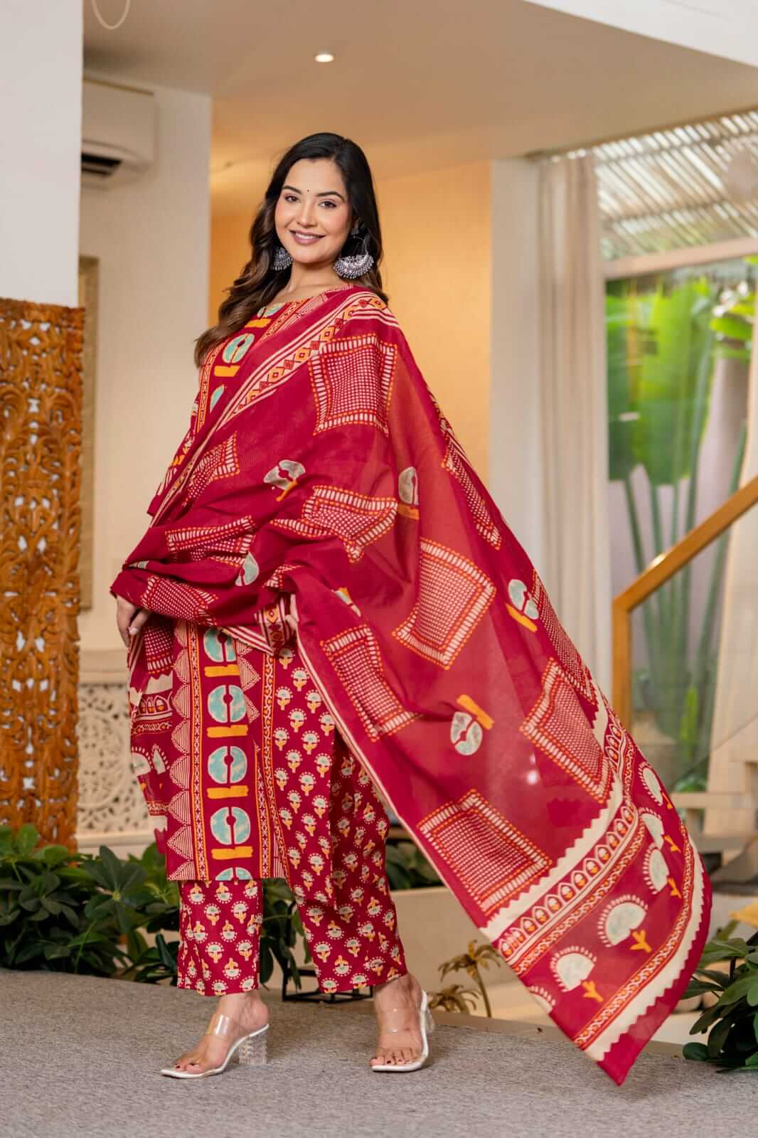 Magenta Bloom: Festive Block-Print Cotton Suit Set with Geometric Yoke & Dupatta
