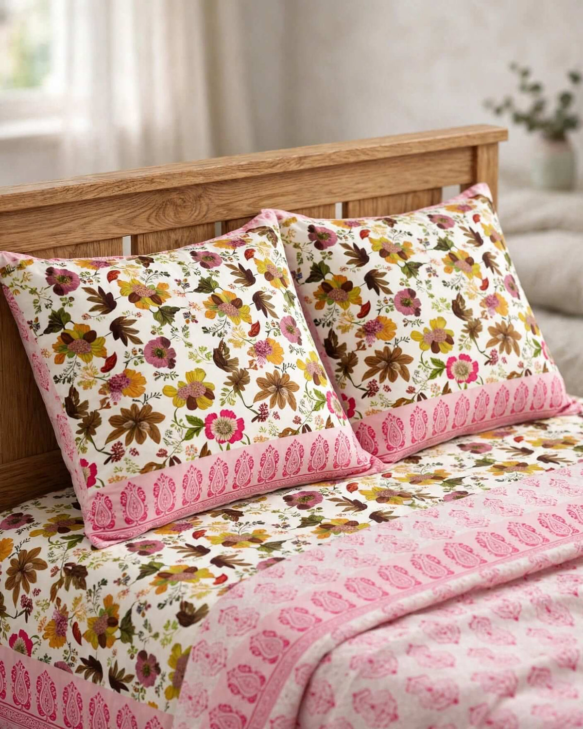 Pink and Olive-Green Floral Block-Print Style Cotton Double Bedsheet with Pillow Covers